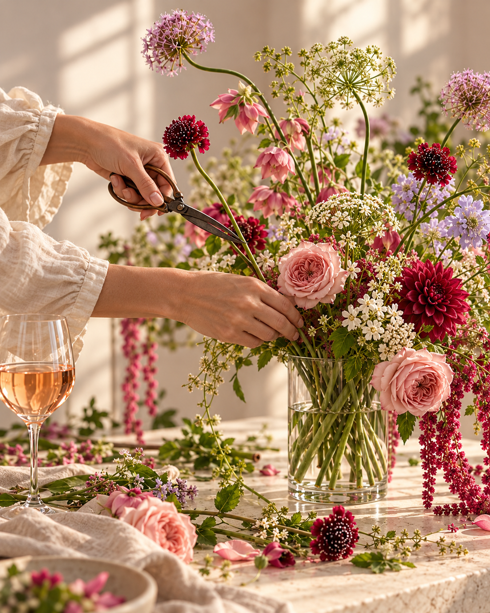 Manos creando un arreglo floral en tonos rosa con una copa de vino