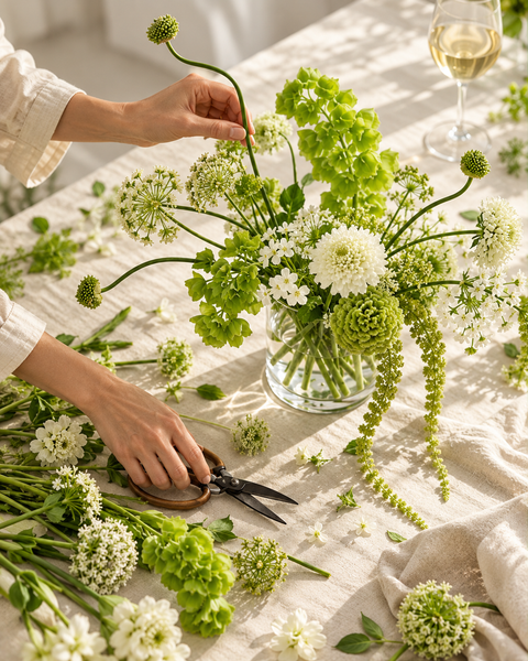 Taller de composición floral verde y blanca con vino
