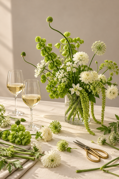 Flores, herramientas y dos copas de vino en el taller
