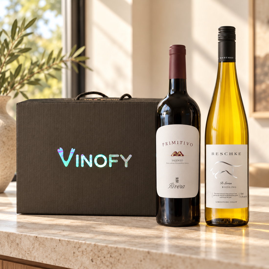 Discovery 2 botellas — Primitivo tinto y Reschke Riesling blanco con caja Vinofy