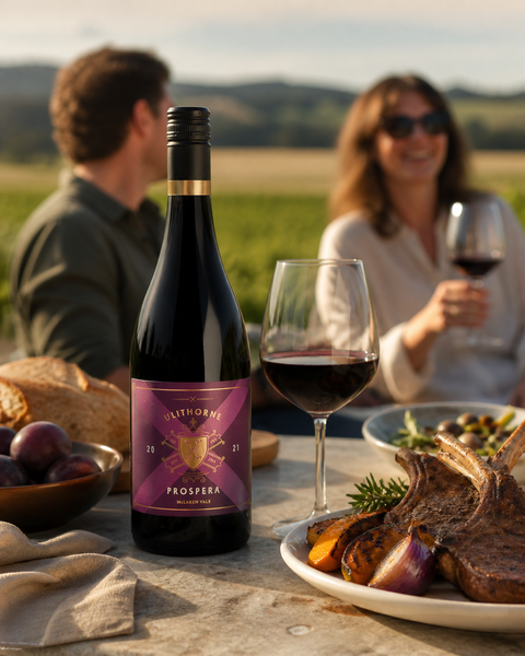 Ulithorne Prospera Shiraz con comida, fotografía lifestyle